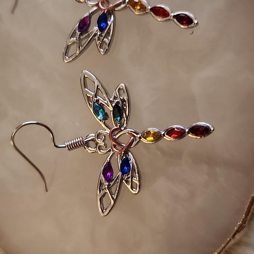Dragonfly Earrings Multicolor Gems - Picture 2 of 3